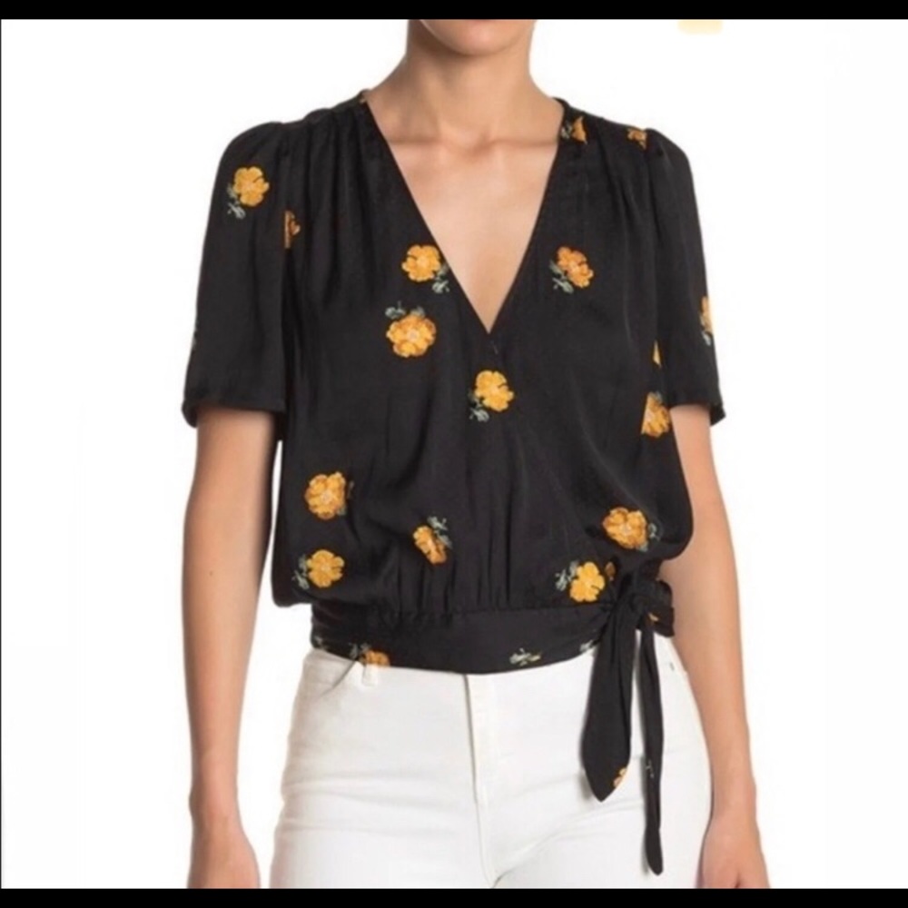 Madewell Surplice Blouse in Black w/Yellow Flowers